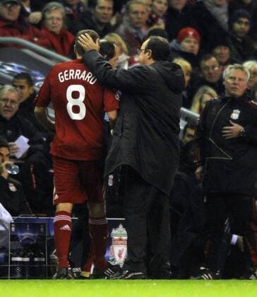 Liverpool FC coach Rafael Benitez (R) shows his disappointment as they lose Steven Gerrard to injury - EDITORIAL USE ONLY. No use with unauthorised audio, video, data, fixture lists, club league logos or live services. Online in-match use limited to 120 images, no video emulation. No use in betting, games or single club league player publications.