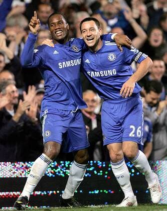 Didier Drogba (L) celebrates with John terry - Chelsea FC London EDITORIAL USE ONLY. No use with unauthorised audio, video, data, fixture lists, club league logos or live services. Online in-match use limited to 120 images, no video emulation. No use in betting, games or single club league player publications. o0 Jubel Freude