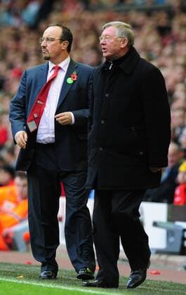 Rafael Benitez Liverpool coach (L) alongside Sir Alex Ferguson coach of Manchester United EDITORIAL USE ONLY. No use with unauthorised audio, video, data, fixture lists, club league logos or live services. Online in-match use limited to 120 images, no video emulation. No use in betting, games or single club league player publications.