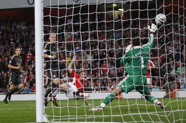 Arsenal s Nicolas Bendtner (2.r.) scoring his sides second goal Carling Cup Arsenal London v FC Liverpool 28th October, 2009 EDITORIAL USE ONLY. No use with unauthorised audio, video, data, fixture lists, club league logos or live services. Online in-match use limited to 120 images, no video emulation. No use in betting, games or single club league player publications. o0 Tor Hintertor, Hintertorkamera, Hintertorperspektive