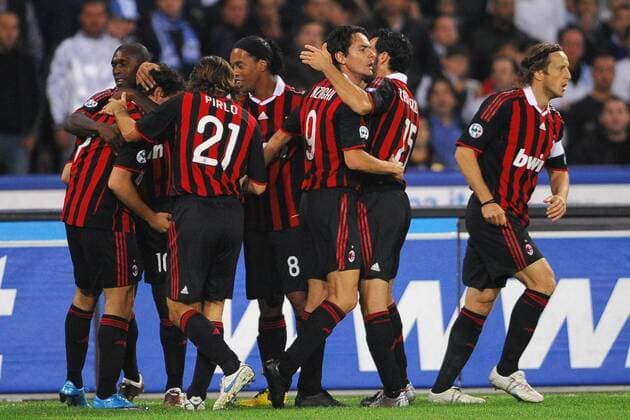 Torjubel AC Mailand, v.li.: Clarence Seedorf, Alexandre Pato, Andrea Pirlo, Ronaldinho, Filippo Inzaghi, Gianluca Zambrotta und Massimo Ambrosini  o0 Jubel, Freude