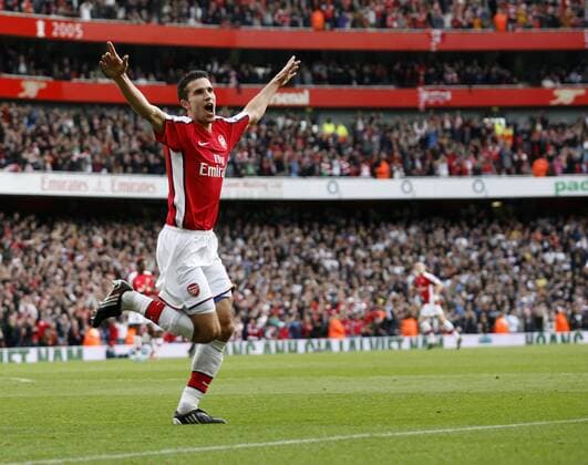 Arsenal s Robin Van Persie celebrates - EDITORIAL USE ONLY. No use with unauthorised audio, video, data, fixture lists, club league logos or live services. Online in-match use limited to 120 images, no video emulation. No use in betting, games or single club league player publications. o0 Arsenal FC London, Jubel, Freude, Einzelbild