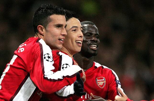 Samir Nasri of Arsenal celebrates scoring his side s second goal with Robin van Persie and Emmanuel Eboue UEFA Champions League Group H Arsenal v AZ Alkmaar 4th November, 2009 EDITORIAL USE ONLY. No use with unauthorised audio, video, data, fixture lists, club league logos or live services. Online in-match use limited to 120 images, no video emulation. No use in betting, games or single club league player publications. o0 FC Jubel Freude
