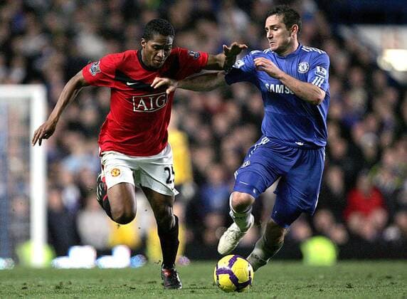 Luis Antonio Valencia (L) of Manchester United and Frank Lampard of FC Chelsea London EDITORIAL USE ONLY. No use with unauthorised audio, video, data, fixture lists, club league logos or live services. Online in-match use limited to 120 images, no video emulation. No use in betting, games or single club league player publications.