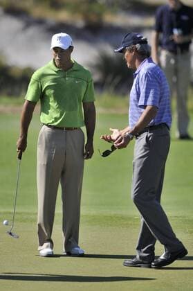 TIGER WOODS (USA) consults Australian, IAN BAKER FINCH during the first Practice round Kingston Heath Golf Club. - ZUMAmm5