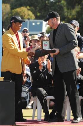 Nov 15, 2009 - Melbourne - TIGER WOODS (USA) is presented the watch from TAG during the final round of the Australian Masters at the Kingston Heath Golf Club. Woods won for the seventh time this year, and the 82nd time worldwide in his career. Woods now has a trophy from every golfing continent. This is his first win in Australia, the 13th country where he has won an individual event. - ZUMAmm5
