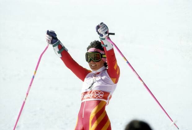 Maria Walliser (Schweiz) jubelt Alpiner Skilauf OS Winter Damen Olympische Spiele Calgary 1988, Winterspiele, Ski Alpin, Skisport, Riesenslalom Einzelbild Nakiska Freude,