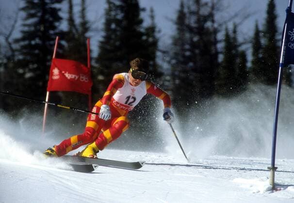 Michela Figini (Schweiz) Alpiner Skilauf OS Winter Damen Olympische Spiele Calgary 1988, Winterspiele, Ski Alpin, Skisport, Riesenslalom Einzelbild Nakiska Dynamik,