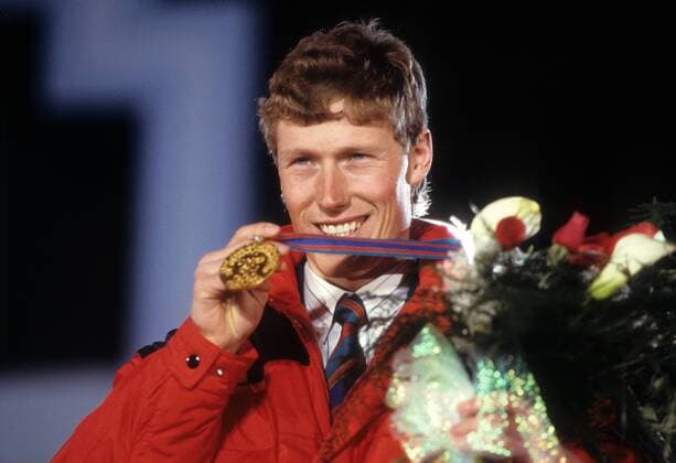 Pirmin Zurbriggen (Schweiz) - Olympiasieger 1988 in der Abfahrt Alpiner Skilauf OS Winter Herren Olympische Winterspiele Calgary 1988, Spiele, Ski Alpin, Skisport, Abfahrt Einzelbild Nakiska Freude,