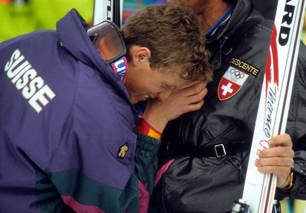 Pirmin Zurbriggen (Schweiz) bejubelt seinen Olympiasieg in der Abfahrt 1988 Alpiner Skilauf OS Winter Herren Olympische Winterspiele Calgary 1988, Spiele, Ski Alpin, Skisport, Abfahrt Gruppe Nakiska Freude,