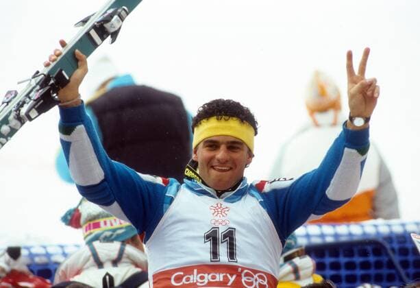 Alberto Tomba (Italien) - Olympiasieger im Slalom 1988 Alpiner Skilauf OS Winter Herren Olympische Winterspiele Calgary 1988, Spiele, Ski Alpin, Slalom Einzelbild Nakiska Freude,