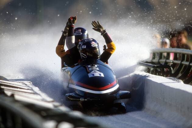USA I mit Pilot Brent Rushlaw, Hal Hoye, Michael Wasko, William White Bobsport OS Winter Herren Olympische Spiele Calgary 1988, Winterspiele, Vierer Bob, Viererbob Einzelbild Calgary Dynamik,