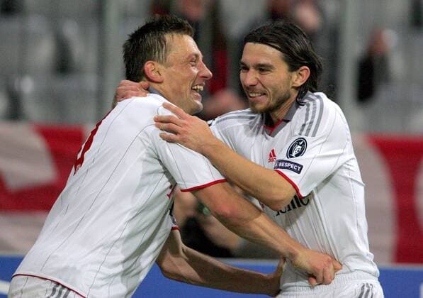FC Bayern München - Maccabi Haifa. den Jubel von Ivica Olic (l.) und Danijel Pranjic (Bayern).  o0 Jubel, Freude
