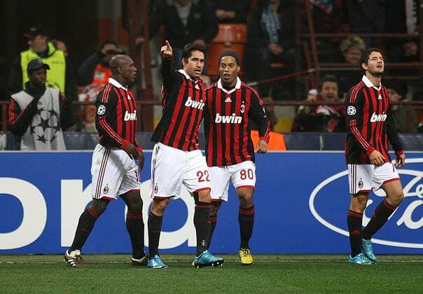 Torjubel AC Mailand, v.li.: Clarence Seedorf, Marco Borriello, Ronaldinho und Alexandre Pato o0 Jubel, Freude