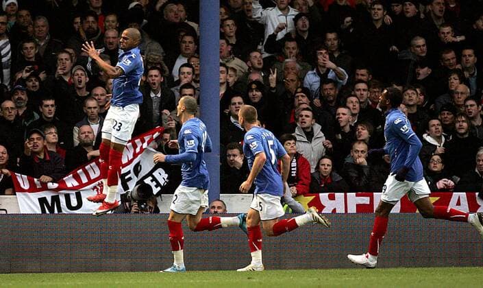 Kevin-Prince Boateng (L) of Portsmouth celebrates scoring his side s first goal Barclays Premier League Portsmouth FC v Manchester United 28th November, 2009 EDITORIAL USE ONLY. No use with unauthorised audio, video, data, fixture lists, club league logos or live services. Online in-match use limited to 120 images, no video emulation. No use in betting, games or single club league player publications. o0 Jubel Freude