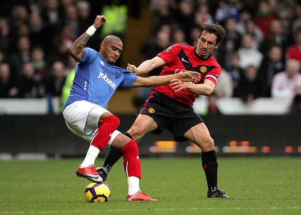 Gary Neville of Manchester United and Kevin-Prince Boateng (L) of Portsmouth fight for the ball Barclays Premier League Portsmouth FC v Manchester United 28th November, 2009 EDITORIAL USE ONLY. No use with unauthorised audio, video, data, fixture lists, club league logos or live services. Online in-match use limited to 120 images, no video emulation. No use in betting, games or single club league player publications.