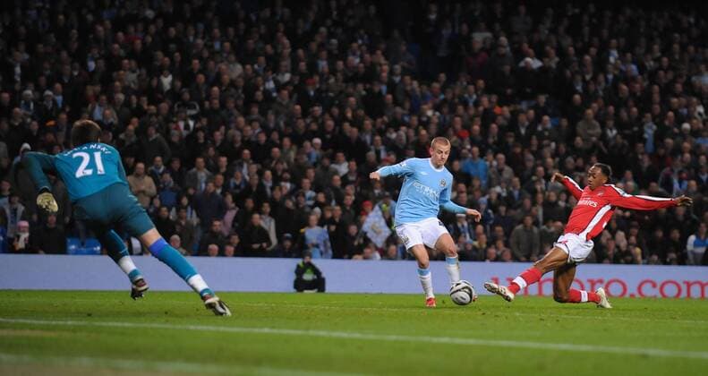 Vladimir Weiss (C) of Manchester City scores the third goal - Manchester City - FC Arsenal London - EDITORIAL USE ONLY. No use with unauthorised audio, video, data, fixture lists, club league logos or live services. Online in-match use limited to 120 images, no video emulation. No use in betting, games or single club league player publications.