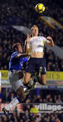 Michael Dawson r. of Tottenham rises above Lucas Neill of Everton Barclays Premier League FC Everton v Tottenham Hotspur 6th December, 2009 EDITORIAL USE ONLY. No use with unauthorised audio, video, data, fixture lists, club league logos or live services. Online in-match use limited to 120 images, no video emulation. No use in betting, games or single club league player publications.