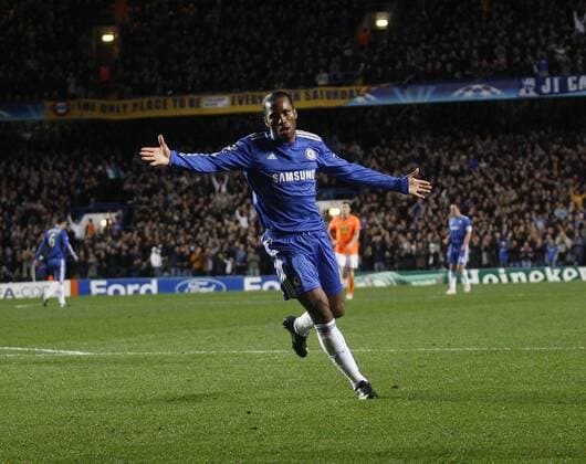 FC Chelsea London s Didier Drogba celebrates - UEFA Champions League Group D Chelsea v Appoel Nicosia 8th December, 2009 EDITORIAL USE ONLY. No use with unauthorised audio, video, data, fixture lists, club league logos or live services. Online in-match use limited to 120 images, no video emulation. No use in betting, games or single club league player publications.
