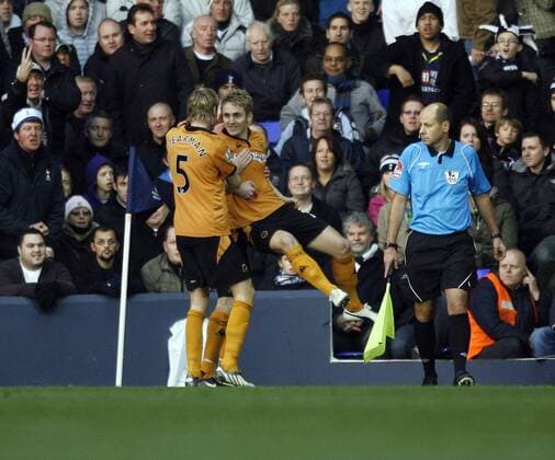 Wolverhampton s Kevin Doyle (R) celebrates his goal Barclays Premier League Tottenham Hotspur v Wolverhampton Wanderers 12th December, 2009 EDITORIAL USE ONLY. No use with unauthorised audio, video, data, fixture lists, club league logos or live services. Online in-match use limited to 120 images, no video emulation. No use in betting, games or single club league player publications. o0 Freude Jubel