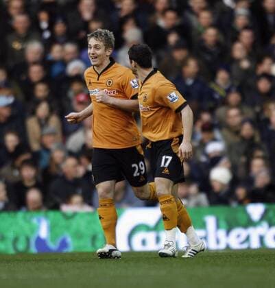 Wolverhampton s Kevin Doyle (L) celebrates his goal Barclays Premier League Tottenham Hotspur v Wolverhampton Wanderers 12th December, 2009 EDITORIAL USE ONLY. No use with unauthorised audio, video, data, fixture lists, club league logos or live services. Online in-match use limited to 120 images, no video emulation. No use in betting, games or single club league player publications. o0 Freude Jubel