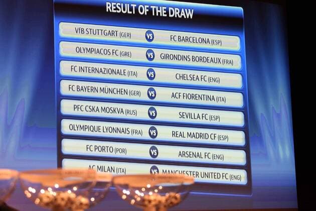 UEFA Champions League Auslosung - Achtelfinale im Überblick - Nyon - Suisse - EddyLEMAISTRE -  o0 Objekte Anzeigetafel, Anzeige Tafel Paarung Begegnung Partie