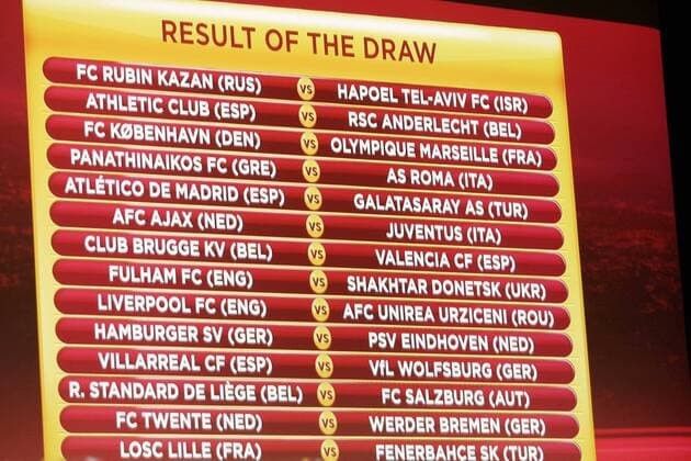 UEFA Europa League Auslosung - Überblick der Begegnungen - Nyon - Suisse - EddyLEMAISTRE -  o0 Objekte Anzeigetafel, Anzeige Tafel Übersicht Paarung Begegnung Partie
