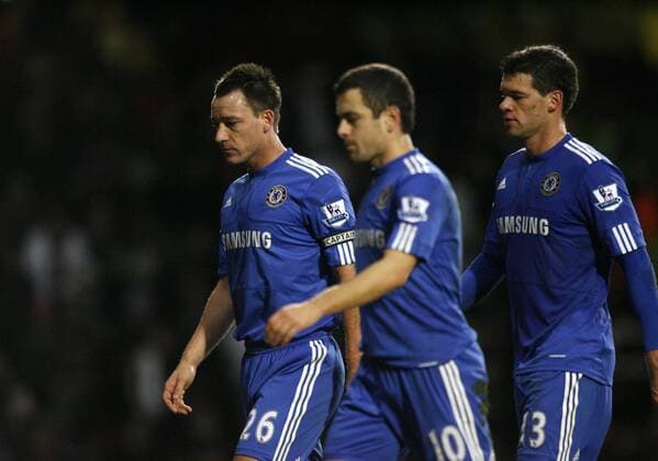from left: Chelsea s John Terry, Joe Cole and Michael Ballack look on dejected as they go off for half time Barclays Premier League West Ham United v FC Chelsea London 20th December, 2009 EDITORIAL USE ONLY. No use with unauthorised audio, video, data, fixture lists, club league logos or live services. Online in-match use limited to 120 images, no video emulation. No use in betting, games or single club league player publications.
