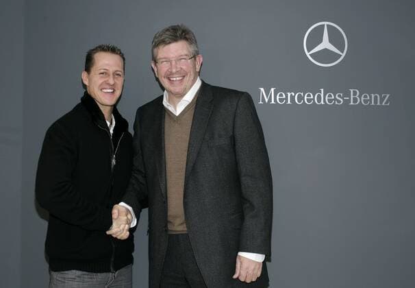 Motorsport: Formel 1, Michael Schumacher (GER, Mercedes GP, li.), Ross Brawn (Teamchef Mercedes GP) xHOCHxZWEIx xRoncox