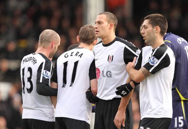 Fulham FC - Tottenham Hotspur . . 26.12.09, (L-R) Fulham s Danny Murphy, Zoltan Gera, Bobby Zamora and Clint Dempsey make up a defensive wall.  o0 Mauer