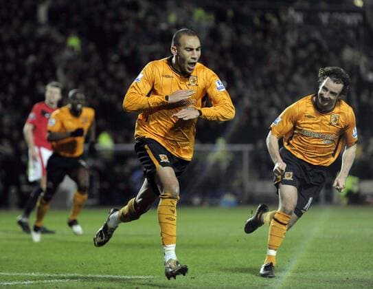 Hull City s Craig Fagan (L) celebrates his goal. --- Premier League: Hull City (orange) vs. Manchester United (red), 27th December, 2009 EDITORIAL USE ONLY. No use with unauthorised audio, video, data, fixture lists, club league logos or live services. Online in-match use limited to 120 images, no video emulation. No use in betting, games or single club league player publications. o0 Jubel Freude