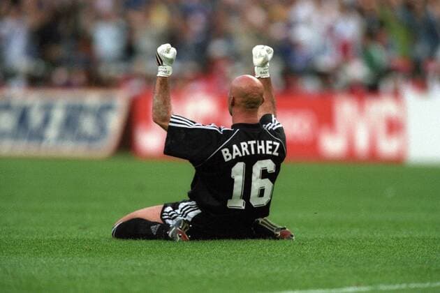 Torwart Fabien Barthez (Frankreich) - Torjubel Fußball WM Herren WM 1998, Länderspiel, Nationalteam, Nationaltrikot, Finale Einzelbild Paris Freude, Begeisterung,