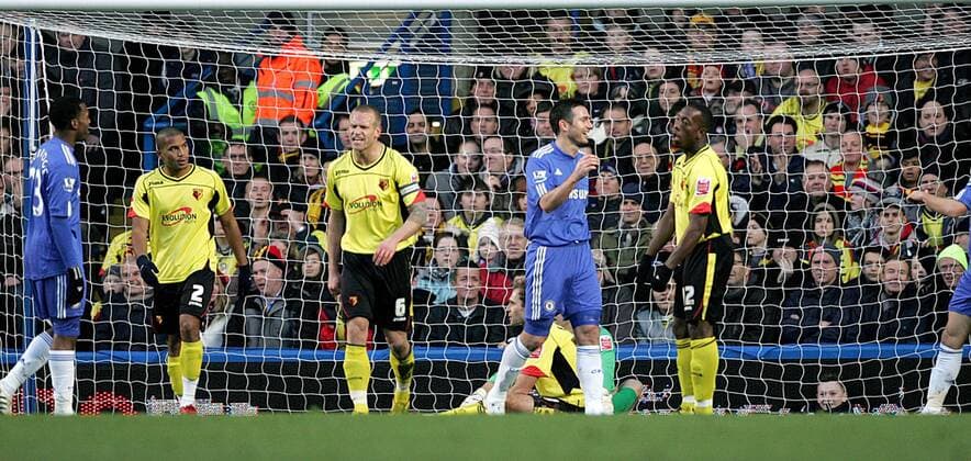 The FC Watford defence looks on dejected while Frank Lampard of FC Chelsea London (2nd R) celebrates John Eustace of FC Watford s (at Bottom) own goal EON FA Cup 3rd Round Chelsea v Watford 3rd January, 2010 EDITORIAL USE ONLY. No use with unauthorised audio, video, data, fixture lists, club league logos or live services. Online in-match use limited to 120 images, no video emulation. No use in betting, games or single club league player publications. o0 Jubel Freude Enttäuschung Freud und Leid