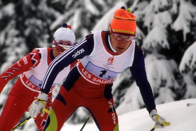 Lyubov Egorova (GUS, vorn) Nordischer Skilauf OS Winter Damen Olympische Spiele 1992, Winterspiele, Ski Nordisch, Skisport, Langlauf, 4x5km Staffel Gruppe Albertville o00 Les Saisies