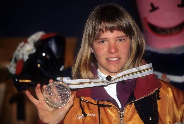 Katja Seizinger (Deutschland), Dritte im Super G der Olympischen Spiele 1992 Alpiner Skilauf Herren Olympische Spiele Albertville 1992, Winterspiele, Ski Alpin, Skisport, Super G Porträt Meribel