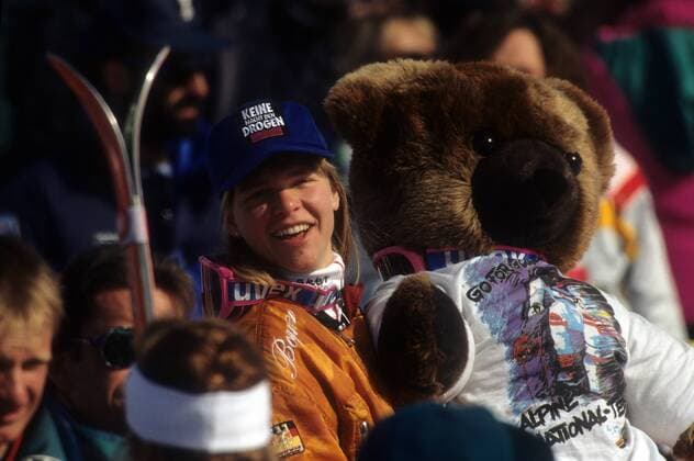 Katja Seizinger (Deutschland), Dritte im Super G der Olympischen Spiele 1992 Alpiner Skilauf Herren Olympische Spiele Albertville 1992, Winterspiele, Ski Alpin, Skisport, Super G Einzelbild Meribel Freude,