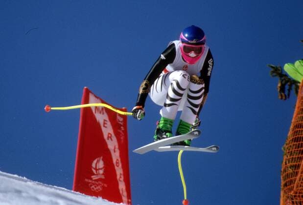 Katja Seizinger (Deutschland) Alpiner Skilauf Damen Olympische Spiele Albertville 1992, Winterspiele, Ski Alpin, Skisport, Kombination Einzelbild Meribel Dynamik,