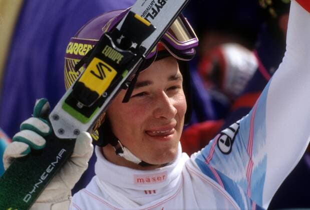Kjetil Andre Aamodt (Norwegen), Olympiasieger 1992 im Super G Alpiner Skilauf OS Winter Herren Olympische Spiele Albertville 1992, Winterspiele, Super G o00 Ski Einzelbild Val d Isere, dIsere Freude,