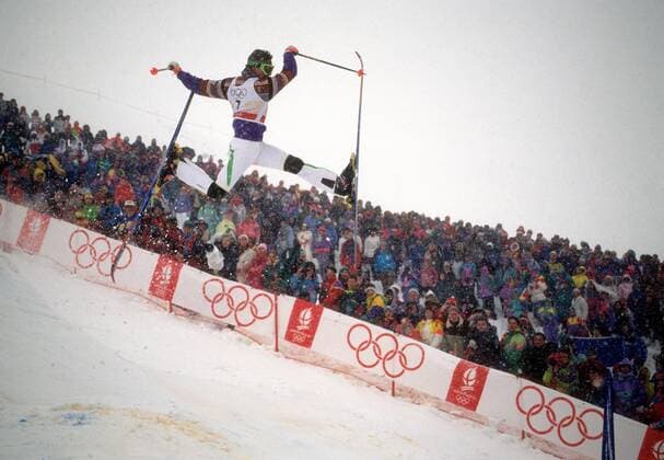 Björn Aberg (Norwegen) Ski Freestyle OS Winter Herren Olympische Spiele Albertville 1992, Winterspiele, Skisport, Alpin, Buckelpiste, Moguls Einzelbild Aufnahmedatum geschätzt Tignes Dynamik, Höhe,