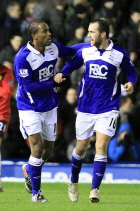 Birmingham City s James McFadden (R) congratulates Cameron Jerome on the opening goal - Barclays Premier League - Birmingham City vs Manchester United, 9th January, 2010 EDITORIAL USE ONLY. No use with unauthorised audio, video, data, fixture lists, club league logos or live services. Online in-match use limited to 120 images, no video emulation. No use in betting, games or single club league player publications. o0 Mc Fadden