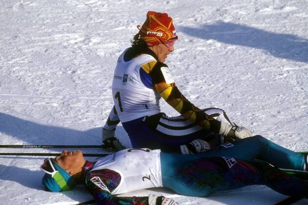 Ljubov Egorova (RUS, hi.) erschöpft Nordischer Skilauf OS Winter Damen Olympische Winterspiele 1994, Spiele, Olympia, Gruppe Lillehammer Erschöpfung,