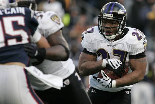 Baltimore Ravens running back Ray Rice (27) charges upfield against the New England Patriots in the AFC Wildcard at Gillette Stadium in Foxboro, Massachusetts on January 10, 2010. The Ravens defeated the Patriots 33-14.  BOS2010011021