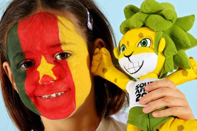 Kind mit Gesichtsbemalung in den Landesfarben des WM Teilnehmers Kamerun (Gruppe E) und WM Maskottchen Zakumi - FUSSBALL - FIFA WM 2010, Fotoshooting mit Kindern - MODEL RELEASED - 