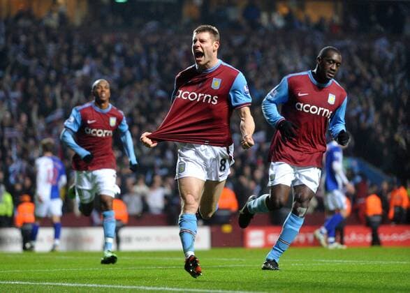 James Milner (C) celebrates his penalty kick for Aston Villa Carling Cup Semi Final 2nd Leg Aston Villa v Blackburn Rovers 20th January, 2010 EDITORIAL USE ONLY. No use with unauthorised audio, video, data, fixture lists, club league logos or live services. Online in-match use limited to 120 images, no video emulation. No use in betting, games or single club league player publications. o0 Jubel, Freude