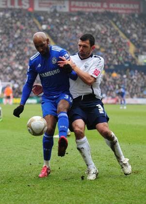 Nicolas Anelka (L) of Chelsea FC holds the ball up under pressure from Callum Davidson of Preston North End EON FA Cup 4th Round Preston North End v Chelsea 23rd January, 2010 EDITORIAL USE ONLY. No use with unauthorised audio, video, data, fixture lists, club league logos or live services. Online in-match use limited to 120 images, no video emulation. No use in betting, games or single club league player publications.
