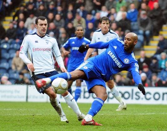 Nicolas Anelka (R) of Chelsea FC volleys the ball towards goal EON FA Cup 4th Round Preston North End v Chelsea 23rd January, 2010 EDITORIAL USE ONLY. No use with unauthorised audio, video, data, fixture lists, club league logos or live services. Online in-match use limited to 120 images, no video emulation. No use in betting, games or single club league player publications.