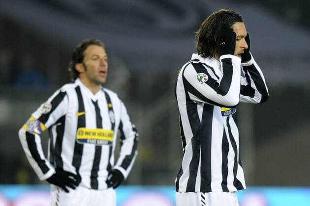 Turin, Juventus Turin (schwarz weiß) - AS Rom (rot): Alessandro Del Piero (li.) und Amauri 