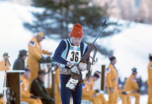 Manfred Geyer (DDR) Biathlon OS Winter Herren Olympische Spiele Innsbruck 1976, Winterspiele Einzelbild Seefeld