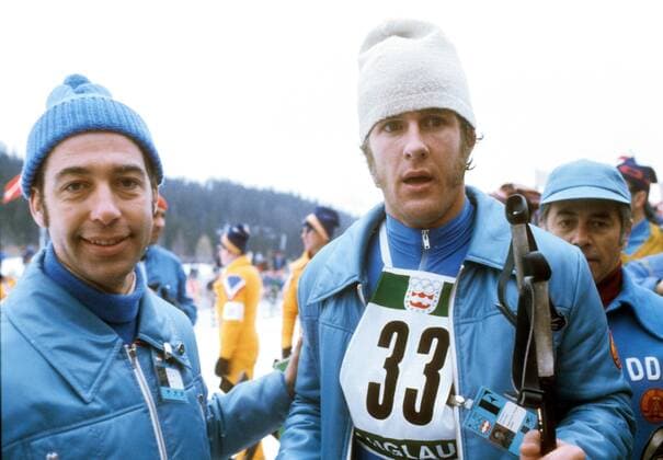 Ulrich Wehling (DDR, re.) Nordische Kombination OS Winter Herren Olympische Spiele Innsbruck 1976, Winterspiele, Ski Nordisch, Skisport, Langlauf Gruppe Innsbruck