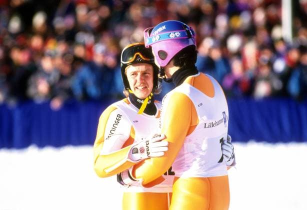 Jens Weißflog (li.) und Hansjörg Jäkle (beide Deutschland) Skispringen OS Winter Herren Olympische Spiele 1994, Winterspiele, Ski Nordisch, Skisport Gruppe Lillehammer